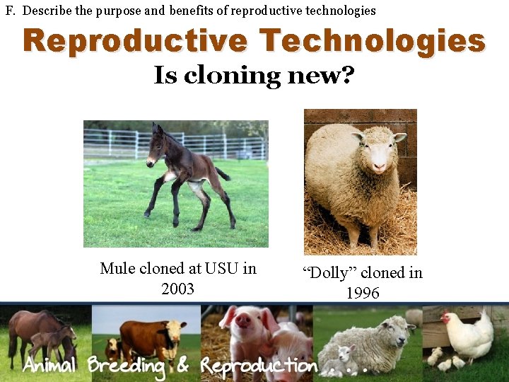F. Describe the purpose and benefits of reproductive technologies Reproductive Technologies Is cloning new?