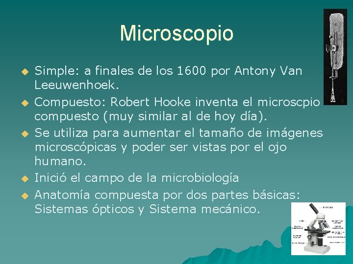 Microscopio u u u Simple: a finales de los 1600 por Antony Van Leeuwenhoek.