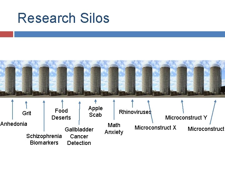 Research Silos Grit Anhedonia Food Deserts Apple Scab Gallbladder Schizophrenia Cancer Biomarkers Detection Rhinoviruses