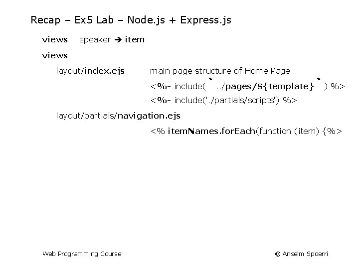 Recap – Ex 5 Lab – Node. js + Express. js views speaker item
