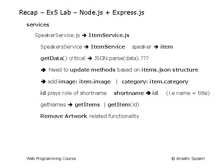 Recap – Ex 5 Lab – Node. js + Express. js services Speaker. Service.