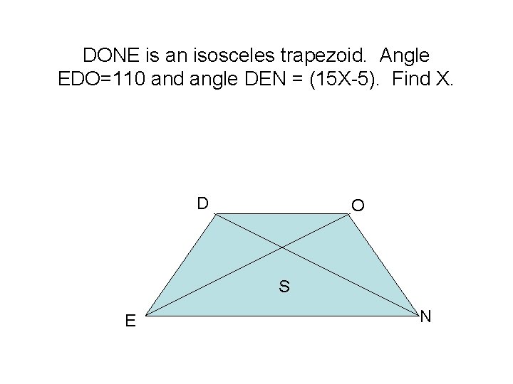 DONE is an isosceles trapezoid. Angle EDO=110 and angle DEN = (15 X-5). Find