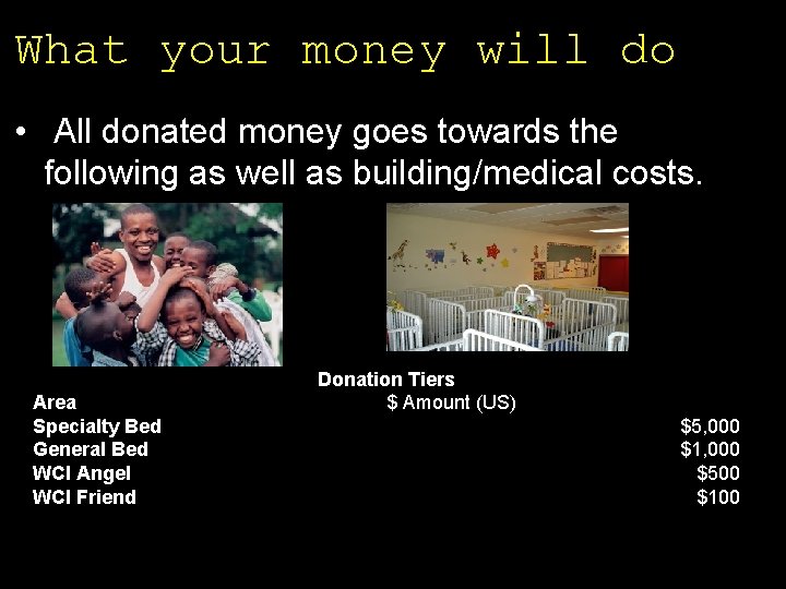 What your money will do • All donated money goes towards the following as