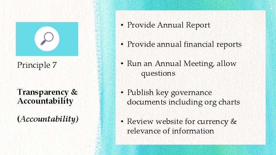  • Provide Annual Report • Provide annual financial reports Principle 7 • Run