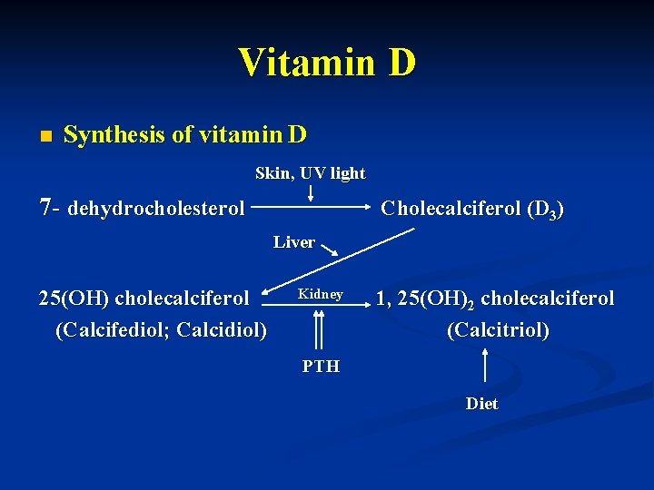 Vitamin D n Synthesis of vitamin D Skin, UV light 7 - dehydrocholesterol Cholecalciferol