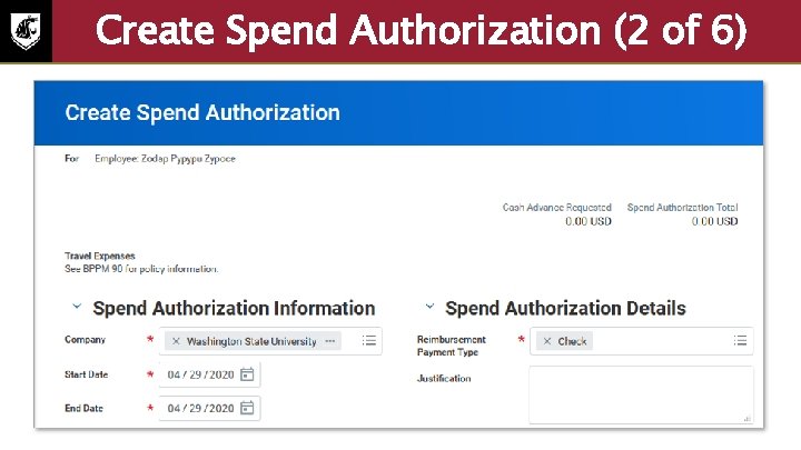 Create Spend Authorization (2 of 6) Screenshot of create spend authorization. To create a