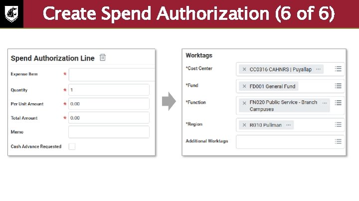 Create Spend Authorization (6 of 6) Screenshot of the spend authorization line and Worktags