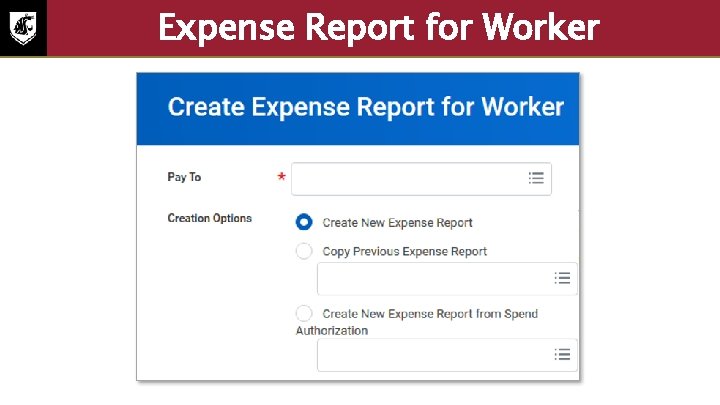 Expense Report for Worker Screenshot of create expense report for worker. The purpose of