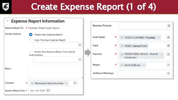 Create Expense Report (1 of 4) Screenshot of expense report information. You can create