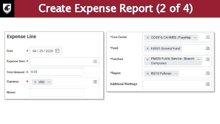 Create Expense Report (2 of 4) Screenshot of the expense line section. To create