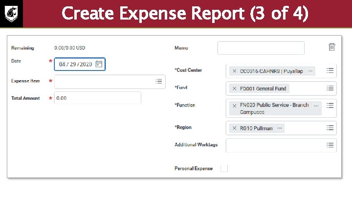 Create Expense Report (3 of 4) Screenshot of expense report fields. To create an