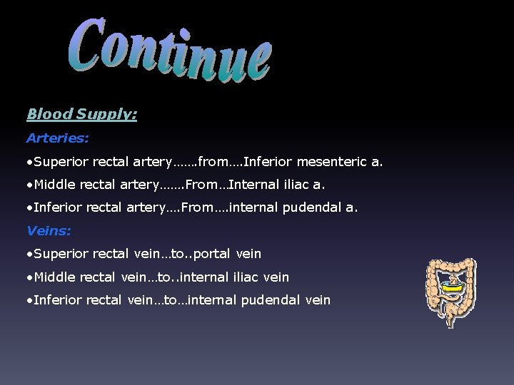 Blood Supply: Arteries: • Superior rectal artery……. from…. Inferior mesenteric a. • Middle rectal