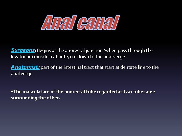 Surgeons: Begins at the anorectal junction (when pass through the levator ani muscles) about