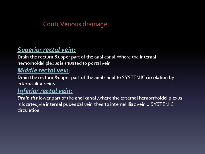 Conti. Venous drainage: Superior rectal vein: Drain the rectum &upper part of the anal