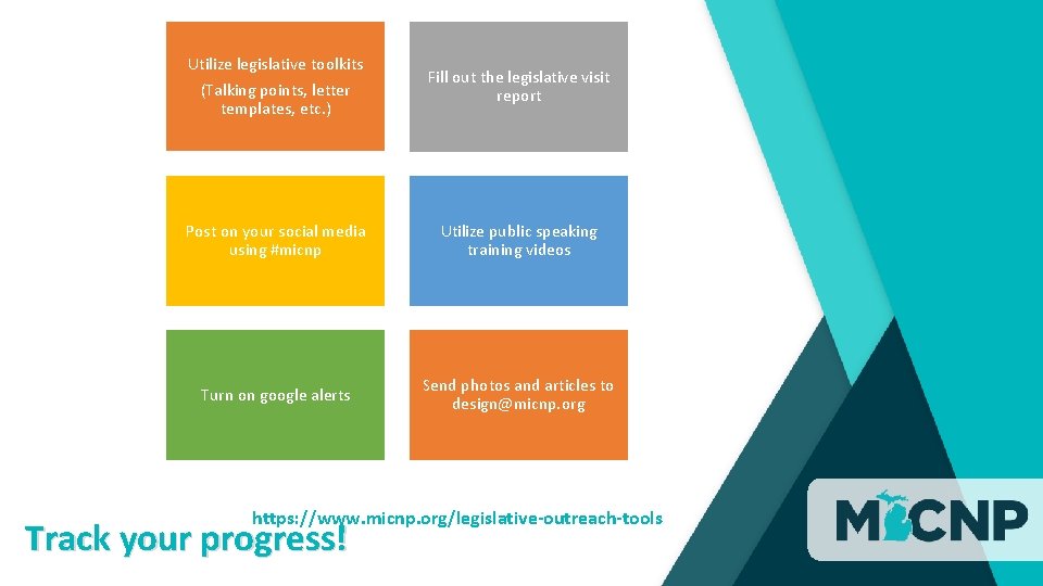 Utilize legislative toolkits (Talking points, letter templates, etc. ) Fill out the legislative visit