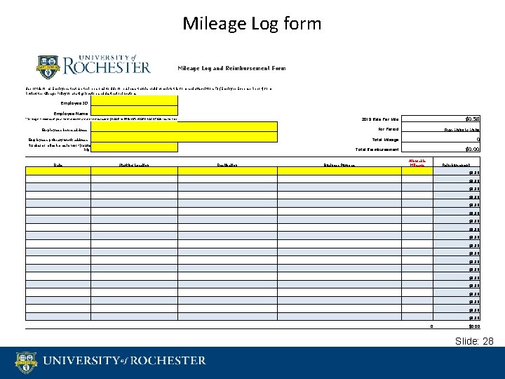 Mileage Log form Mileage Log and Reimbursement Form Use of this form: Employees that