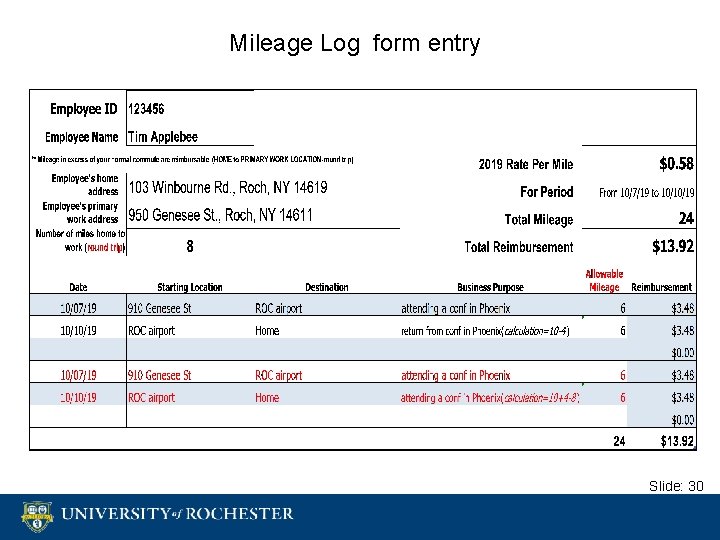 Mileage Log form entry Slide: 30 