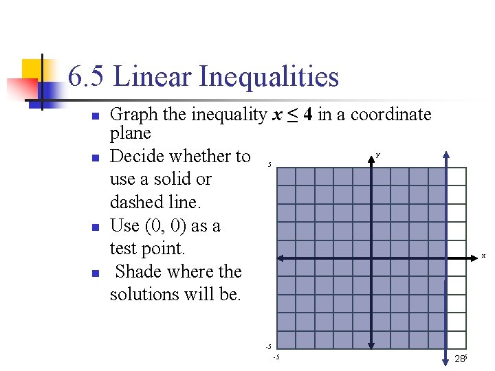 6. 5 Linear Inequalities n n Graph the inequality x ≤ 4 in a