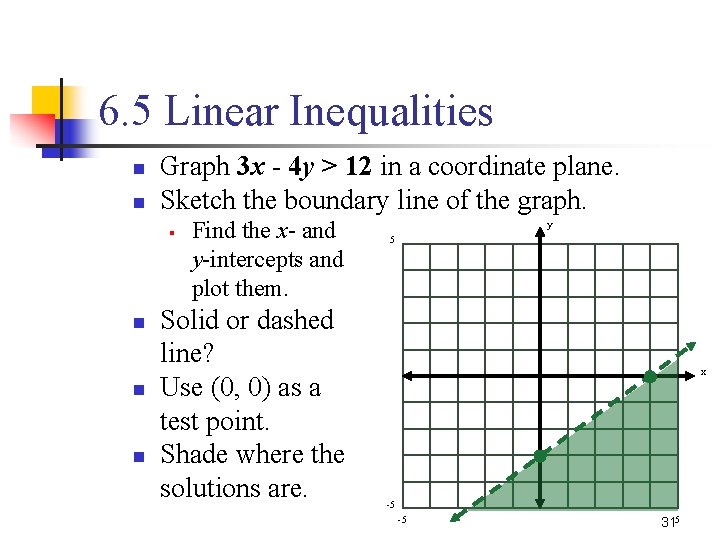 6. 5 Linear Inequalities n n Graph 3 x - 4 y > 12