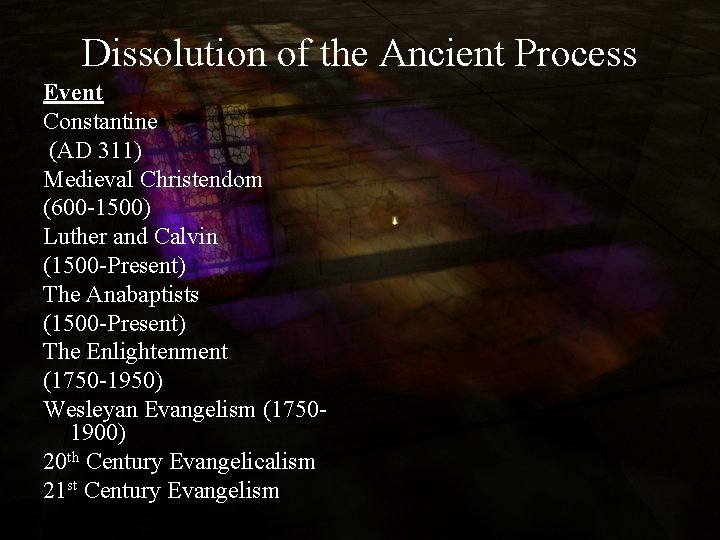 Dissolution of the Ancient Process Event Constantine (AD 311) Medieval Christendom (600 -1500) Luther