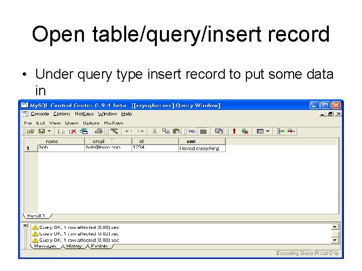 Open table/query/insert record • Under query type insert record to put some data in