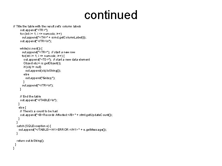 continued // Title the table with the result set's column labels out. append("<TR>"); for