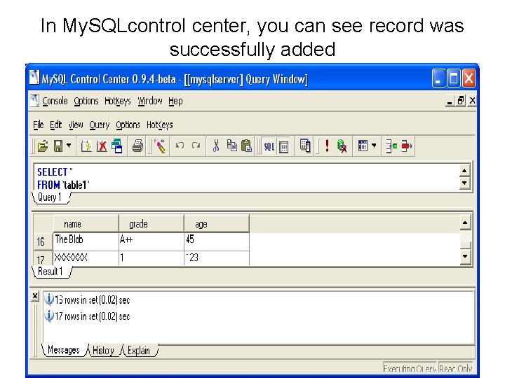 In My. SQLcontrol center, you can see record was successfully added 