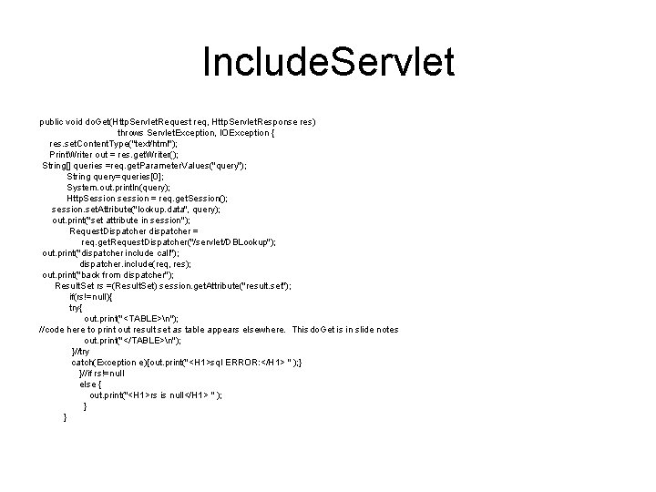 Include. Servlet public void do. Get(Http. Servlet. Request req, Http. Servlet. Response res) throws