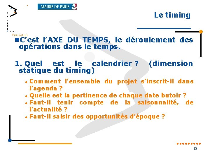 Le timing C’est l’AXE DU TEMPS, le déroulement des opérations dans le temps. 1.