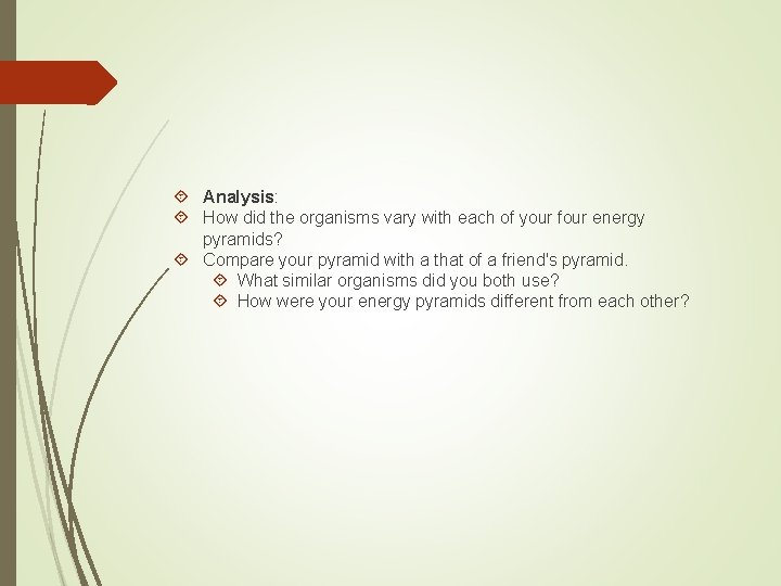  Analysis: How did the organisms vary with each of your four energy pyramids?