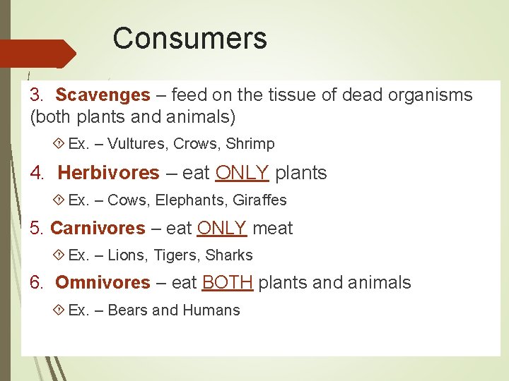 Consumers 3. Scavenges – feed on the tissue of dead organisms (both plants and