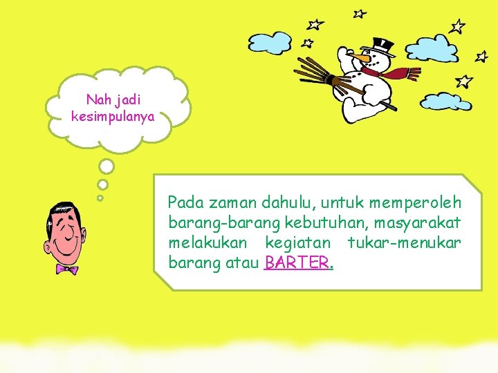 Nah jadi kesimpulanya Pada zaman dahulu, untuk memperoleh barang-barang kebutuhan, masyarakat melakukan kegiatan tukar-menukar