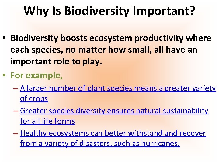Why Is Biodiversity Important? • Biodiversity boosts ecosystem productivity where each species, no matter