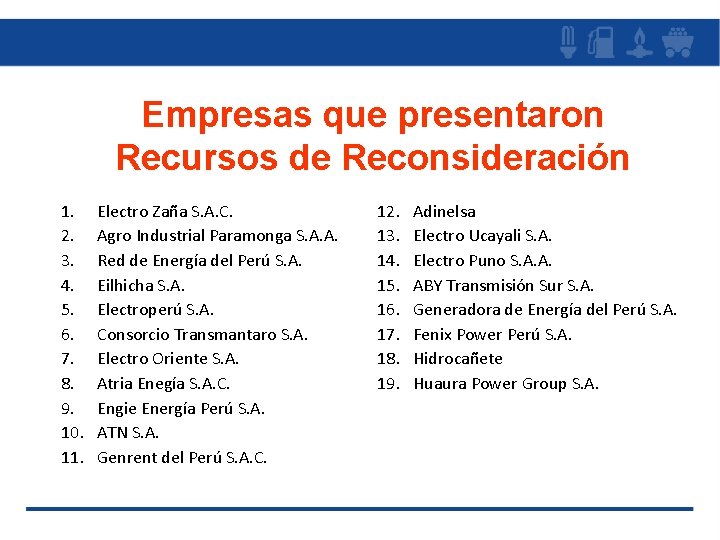 Empresas que presentaron Recursos de Reconsideración 1. 2. 3. 4. 5. 6. 7. 8.