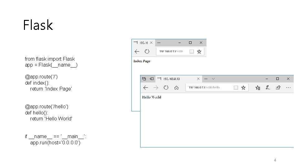 Flask from flask import Flask app = Flask(__name__) @app. route(‘/’) def index(): return ‘Index