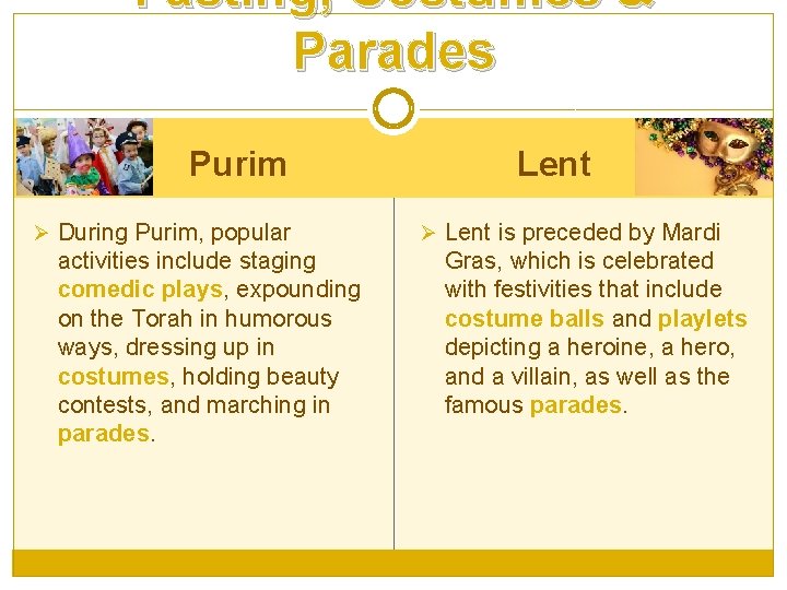 Fasting, Costumes & Parades Purim Ø During Purim, popular activities include staging comedic plays,