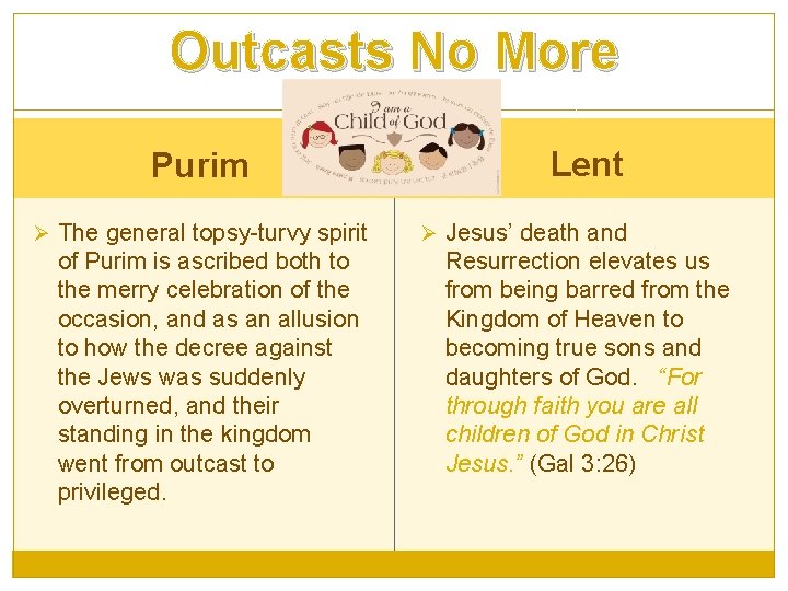 Outcasts No More Purim Ø The general topsy-turvy spirit of Purim is ascribed both