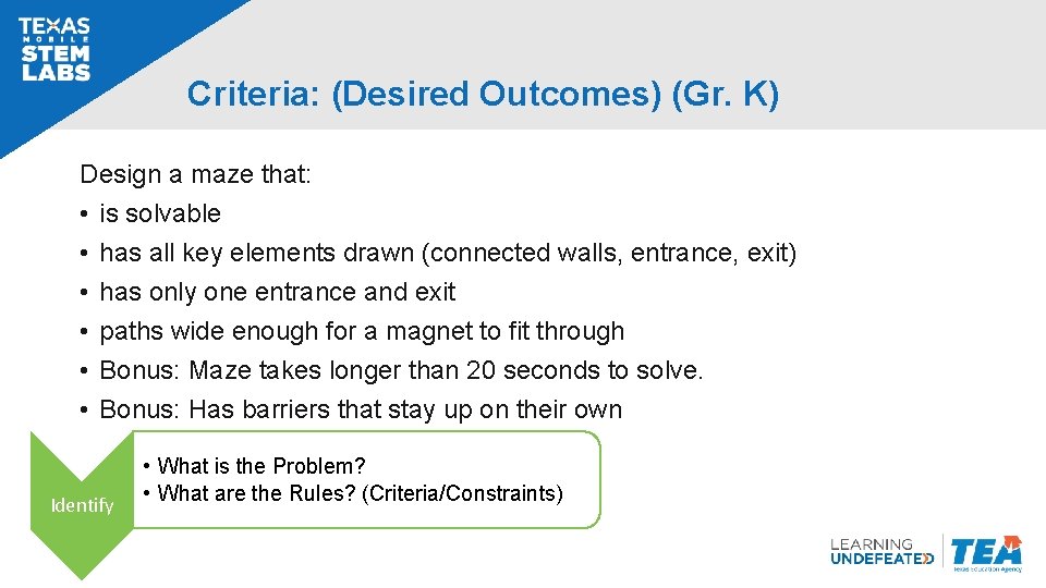 Criteria: (Desired Outcomes) (Gr. K) Design a maze that: • is solvable • has