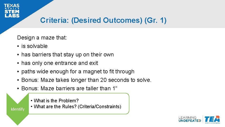 Criteria: (Desired Outcomes) (Gr. 1) Design a maze that: • is solvable • has