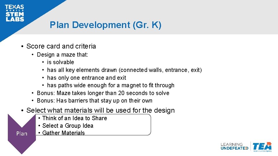 Plan Development (Gr. K) • Score card and criteria • Design a maze that: