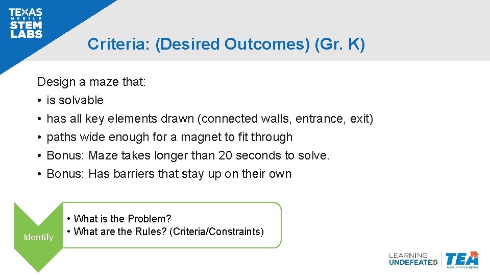 Criteria: (Desired Outcomes) (Gr. K) Design a maze that: • is solvable • has