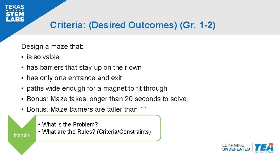 Criteria: (Desired Outcomes) (Gr. 1 -2) Design a maze that: • is solvable •