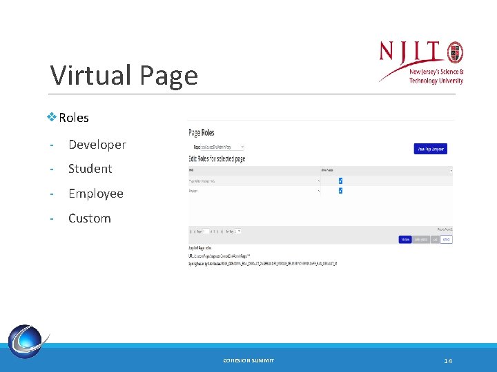 Virtual Page ❖Roles - Developer - Student - Employee - Custom COHESION SUMMIT 14