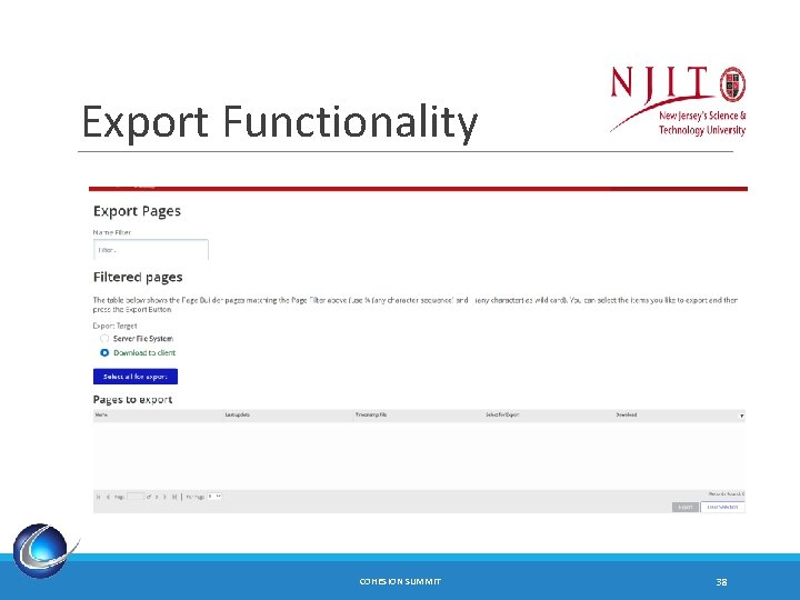 Export Functionality COHESION SUMMIT 38 