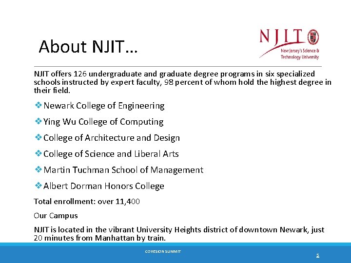 About NJIT… NJIT offers 126 undergraduate and graduate degree programs in six specialized schools