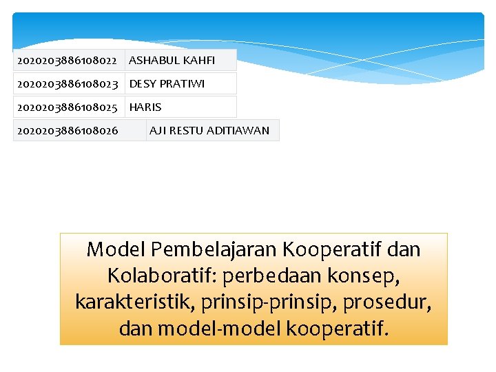 2020203886108022 ASHABUL KAHFI 2020203886108023 DESY PRATIWI 2020203886108025 HARIS 2020203886108026 AJI RESTU ADITIAWAN Model Pembelajaran