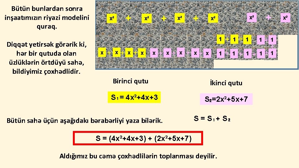 Bütün bunlardan sonra inşaatımızın riyazi modelini quraq. Diqqət yetirsək görərik ki, hər bir qutuda