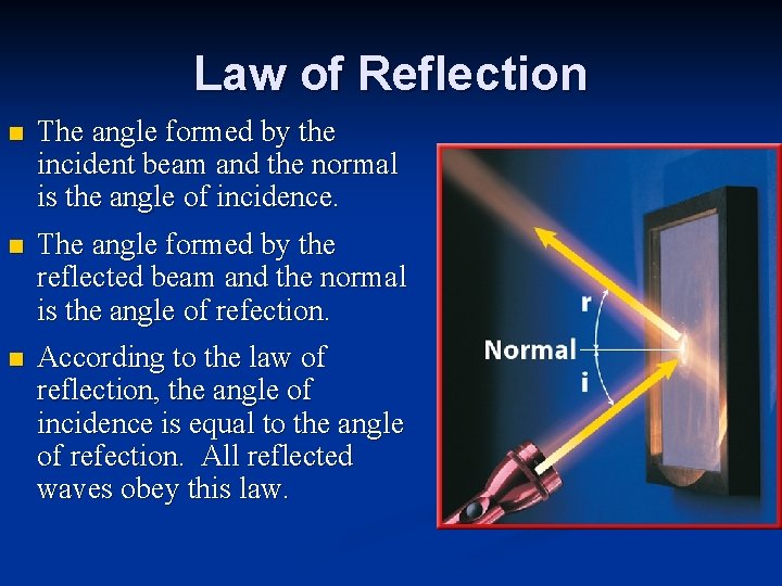 Law of Reflection n The angle formed by the incident beam and the normal