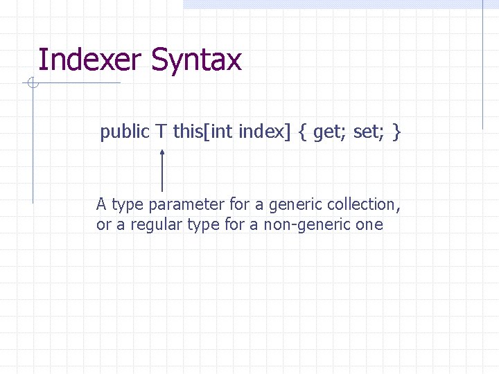 Indexer Syntax public T this[int index] { get; set; } A type parameter for