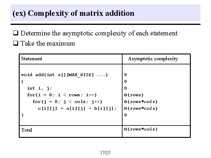 (ex) Complexity of matrix addition q Determine the asymptotic complexity of each statement q (ex) Complexity of matrix addition q Determine the asymptotic complexity of each statement q